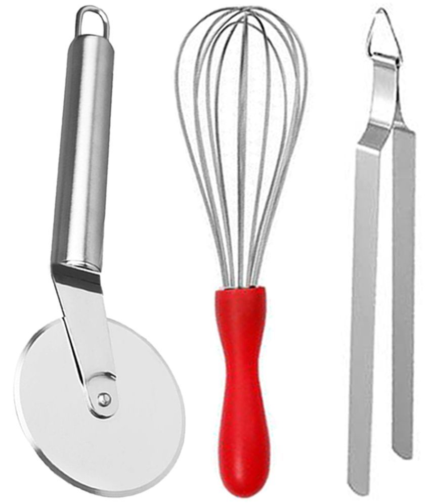     			JISUN - Silver Stainless Steel Egg Whisk & Pizza Cutter & Roti Chimta ( Set of 3 )