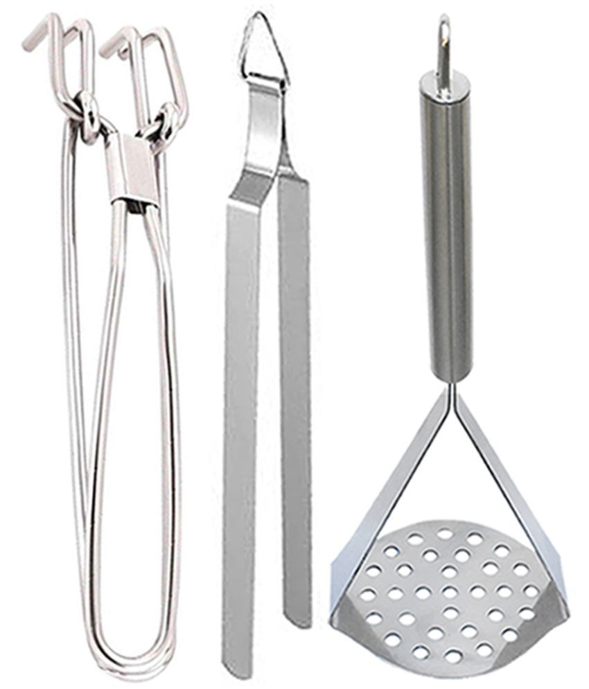     			JISUN - Silver Stainless Steel Pakkad-Chimta-Masher ( Set of 3 )