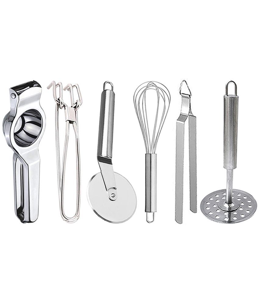     			JISUN - Silver Stainless Steel Lemon-Pakkad-Pizza Cutter-Whisk-Chimta-Masher ( Set of 6 )