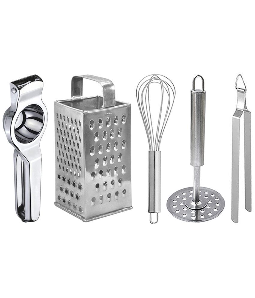     			JISUN - Silver Stainless Steel Lemon Squeezer-Grater-Whisk-Potato Masher-Chimta0 ( Set of 5 )