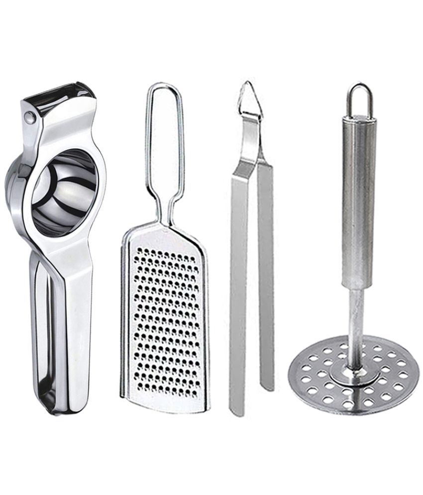     			JISUN - Silver Stainless Steel Lemon Squeezer-Grater-Chimta-Potato Masher ( Set of 4 )