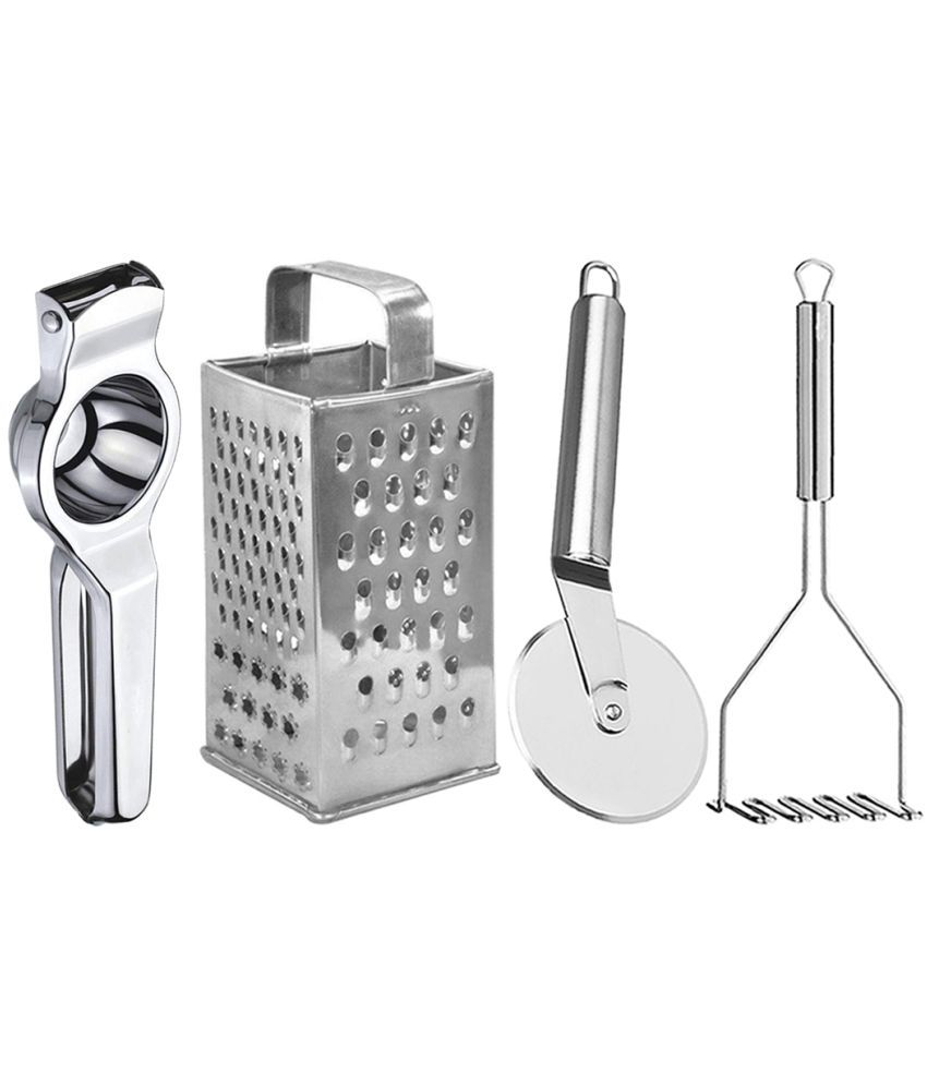     			JISUN - Silver Stainless Steel Lemon Squeezer-Grater-Pizza Cutter-Potato Masher ( Set of 4 )