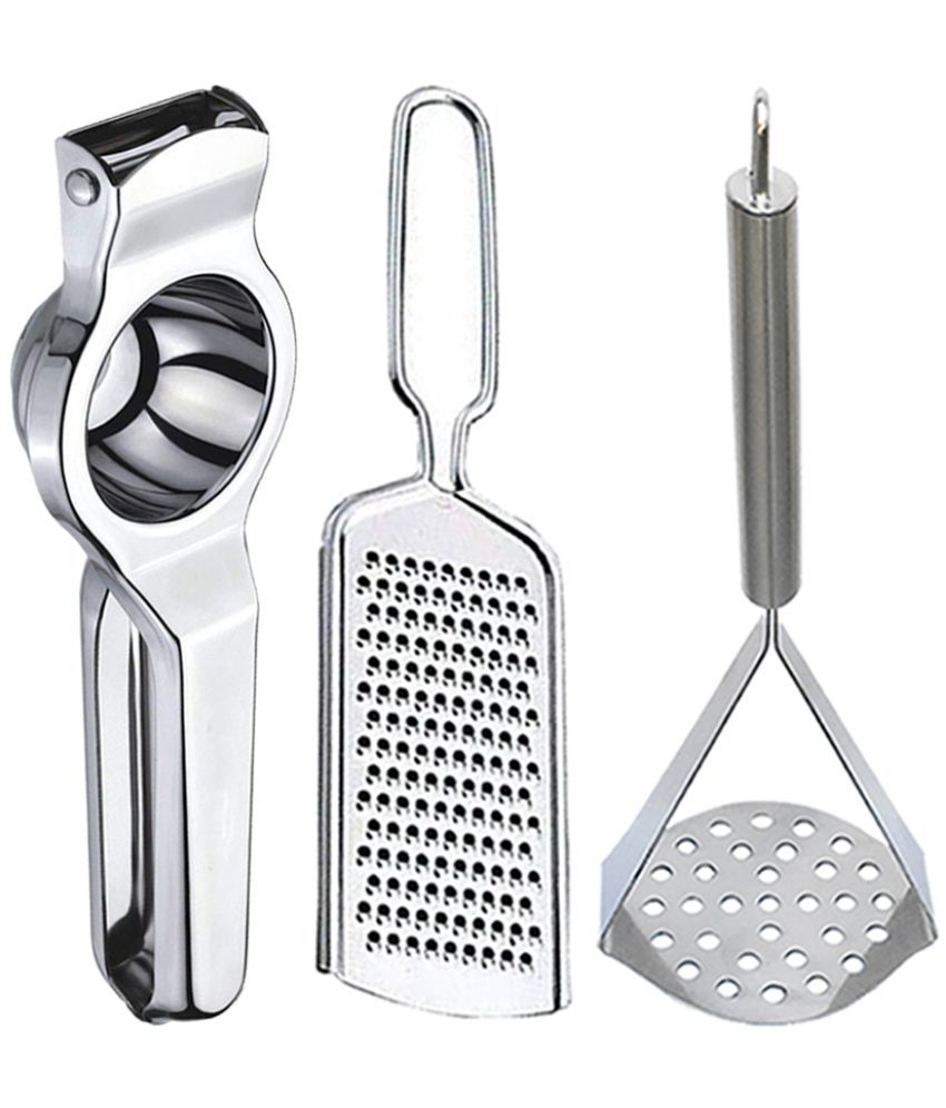     			JISUN - Silver Stainless Steel Lemon Squeezer & Cheese Grater & Potato Masher ( Set of 3 )