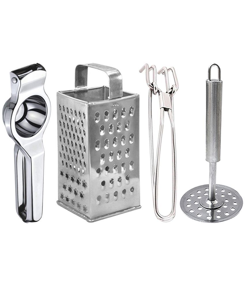     			JISUN - Silver Stainless Steel Lemon Squeezer-Grater-Pakkad-Potato Masher ( Set of 4 )