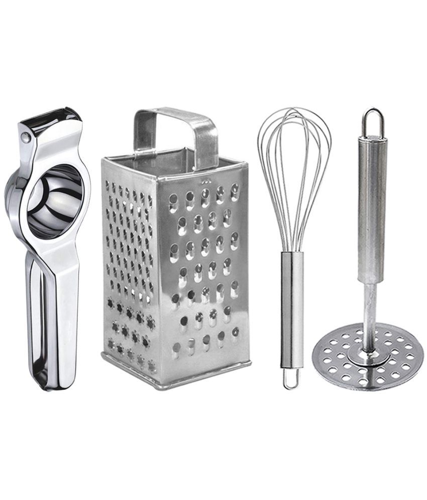     			JISUN - Silver Stainless Steel Lemon Squeezer-Grater-Whisk-Potato Masher ( Set of 4 )