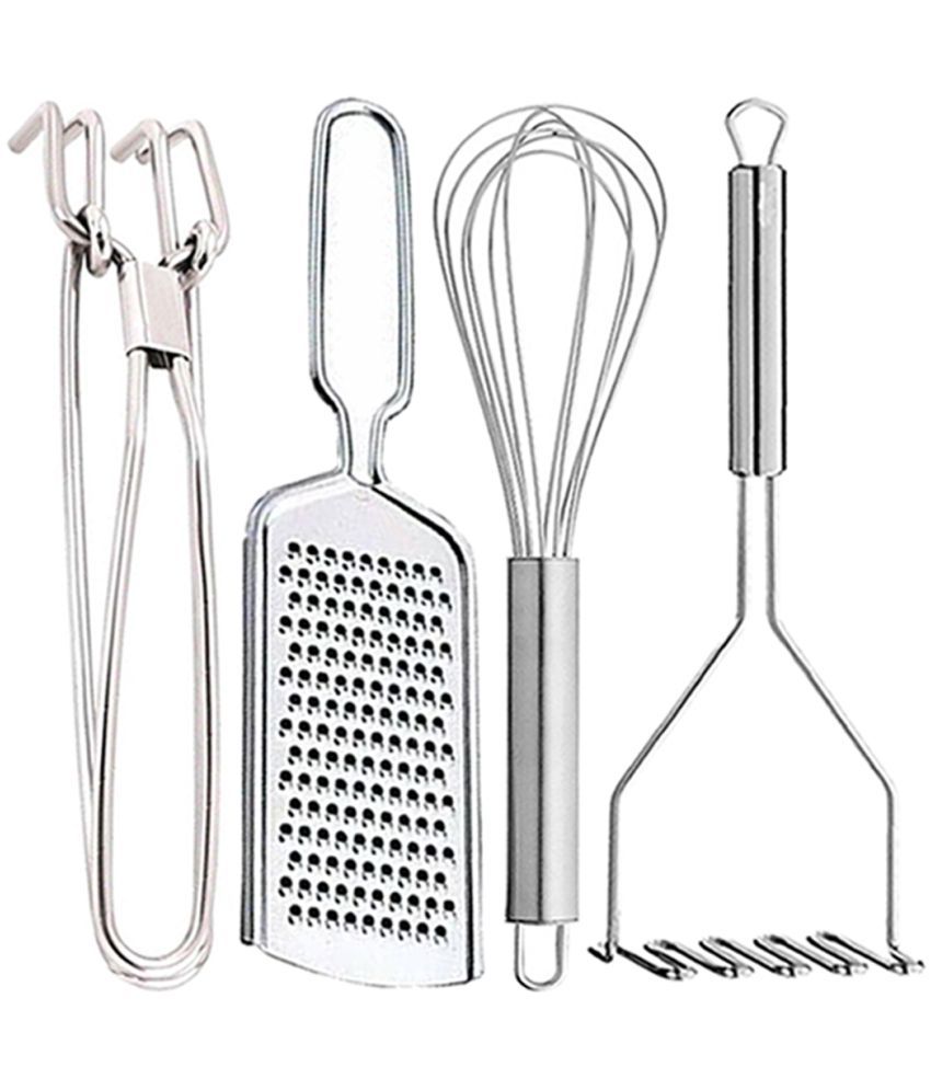     			JISUN - Silver Stainless Steel PAKKAD+WIRE GRATER+STEEL WHISK+ZIG-ZAG MASHER ( Set of 4 )