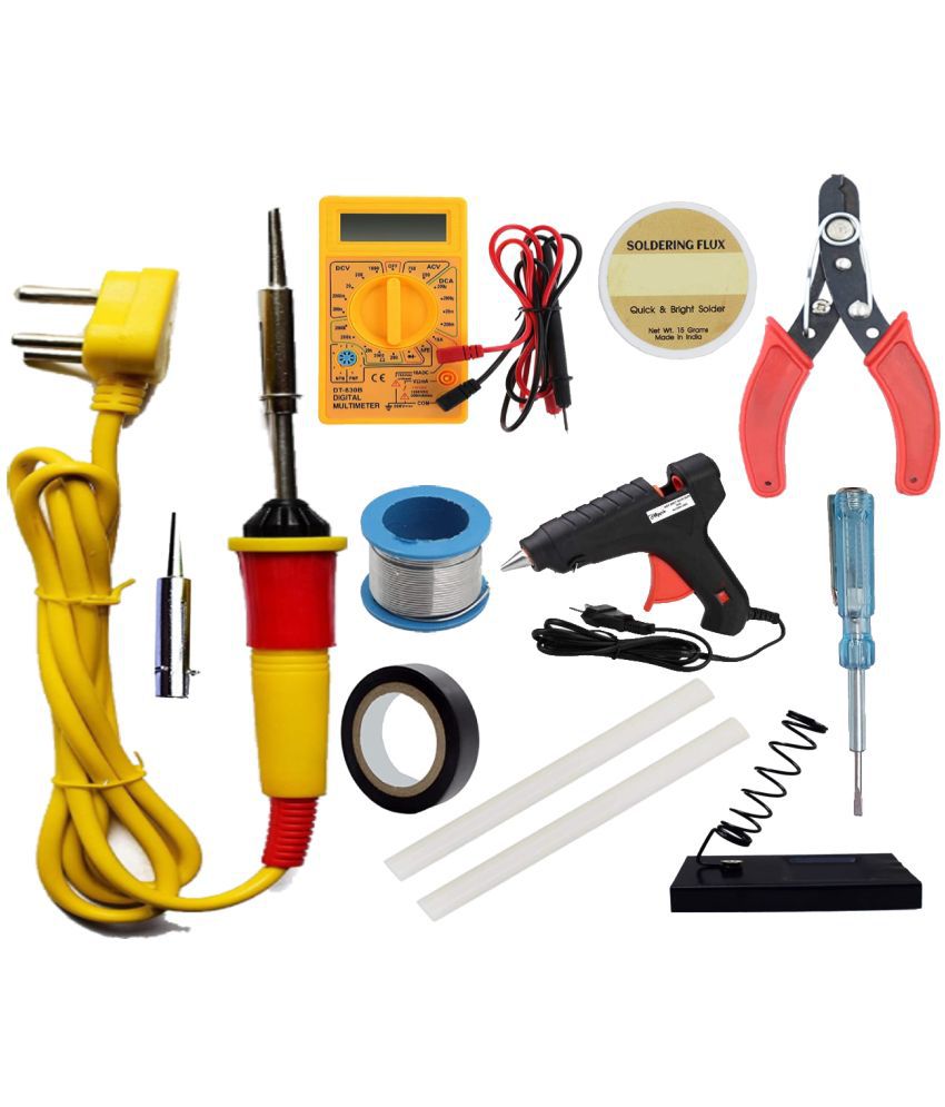    			ALDECO: ( 12 in 1 ) Soldering Iron Kit contains- Yellow Iron, Wire, Flux, Bit, Stand, Cutter, Tester, Tape, Glue Gun, 2 Glue Stick, Digital Multimeter