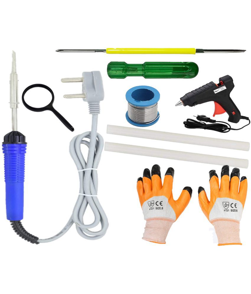    			ALDECO: ( 9 in 1 ) Soldering Iron Kit contains- Blue Iron, Wire, Lense, 2 in 1 Screw Driver, Glue Gun, 2 Glue Stick, Gloves