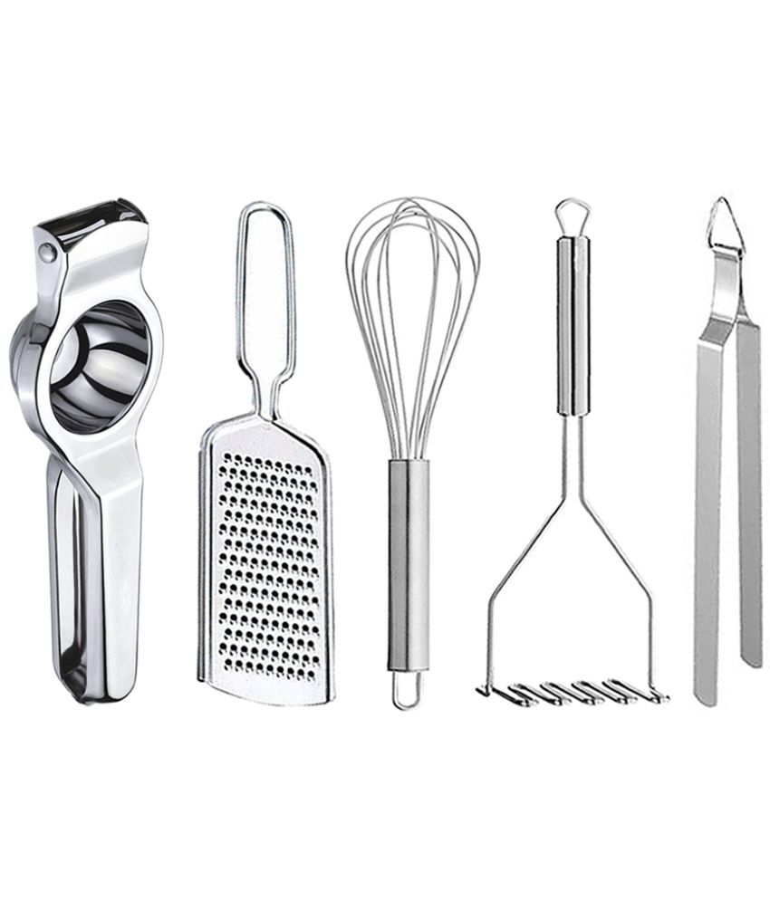     			JISUN - Silver Stainless Steel Lemon-Grater-Whisk-Masher-Chimta ( Set of 5 )