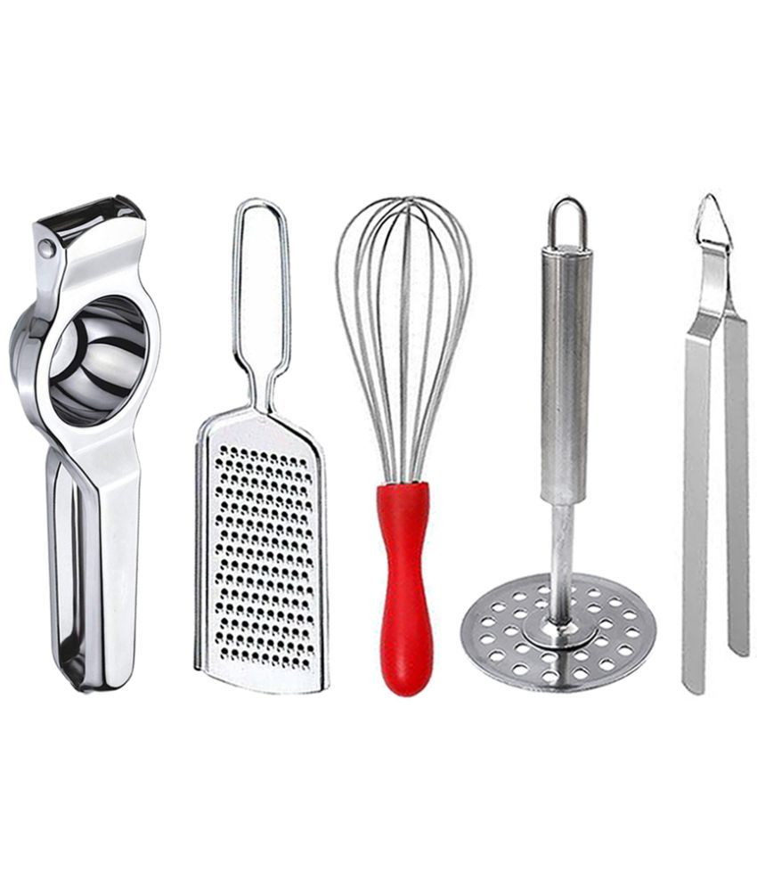     			JISUN - Silver Stainless Steel Lemon-Grater-Whisk-Masher-Chimta ( Set of 5 )