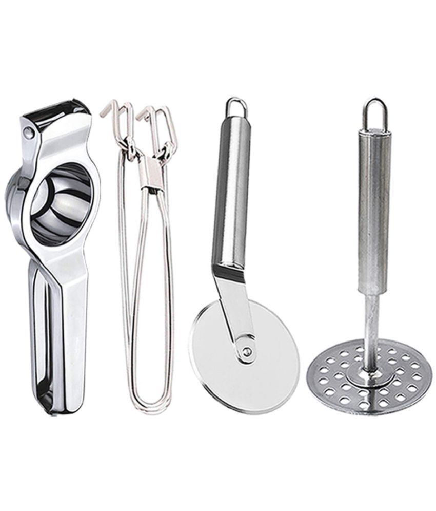     			JISUN - Silver Stainless Steel Lemon-Pakkad-Pizza Cutter-Masher ( Set of 4 )