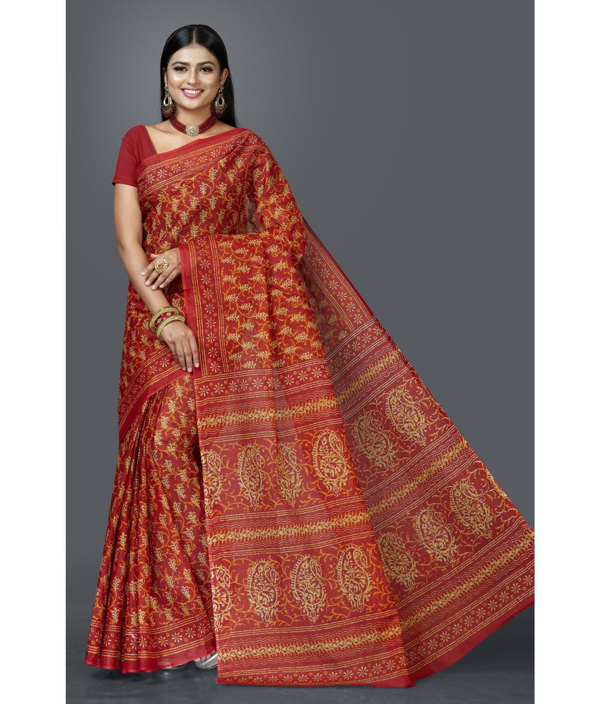     			SHANVIKA - Red Cotton Saree Without Blouse Piece ( Pack of 1 )