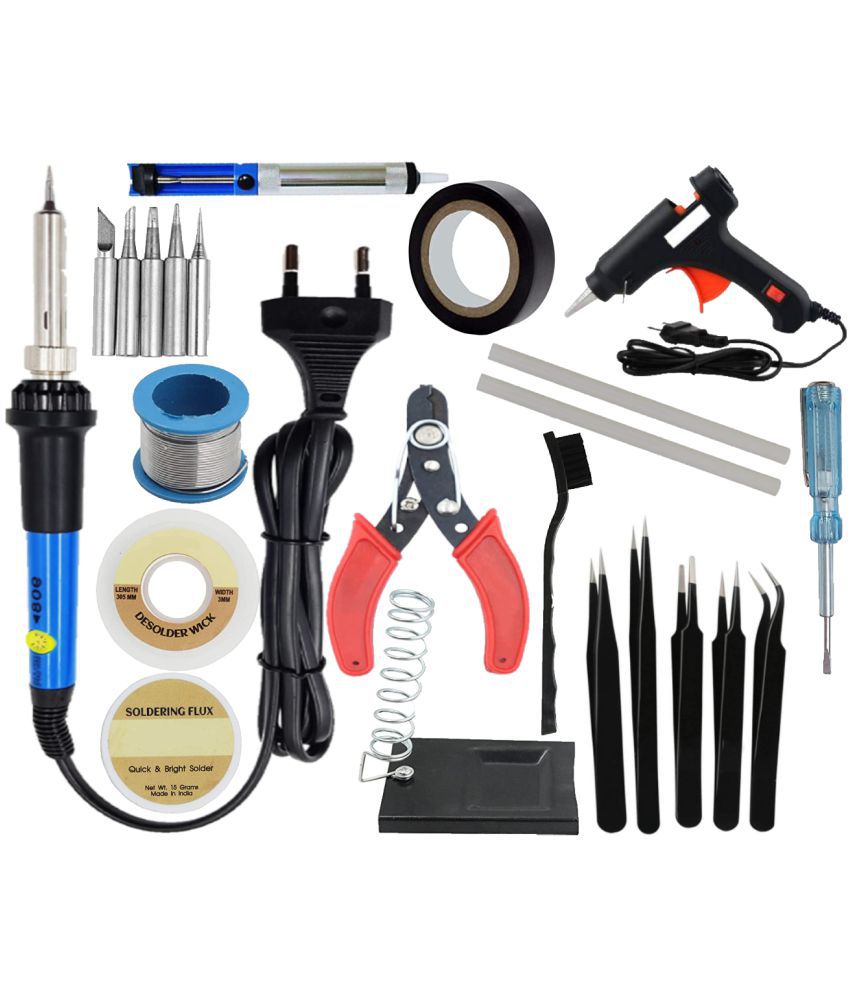     			ALDECO: ( 23 in 1 ) Soldering Iron Kit contains- Heavy Iron, 5 Pcs Bit Set, Wire, Flux, Wick, Stand, Cutter, Tape, Tester, Brush, Glue Gun, 2 Glue Stick, 5 Pcs Tweezer Set, Desoldering Pump