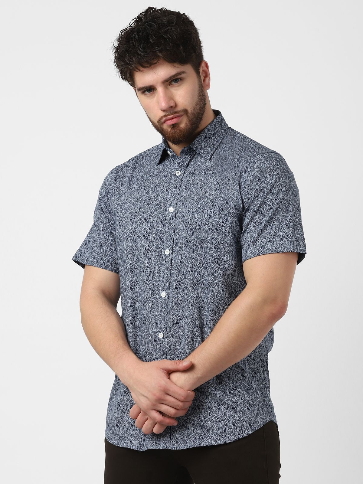 UrbanMark Men 100% Cotton Half Sleeves Slim Fit All Over Printed Casual Shirt-Navy