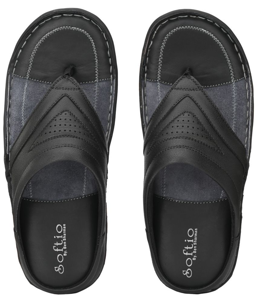     			softio - Black Men's Leather Slipper