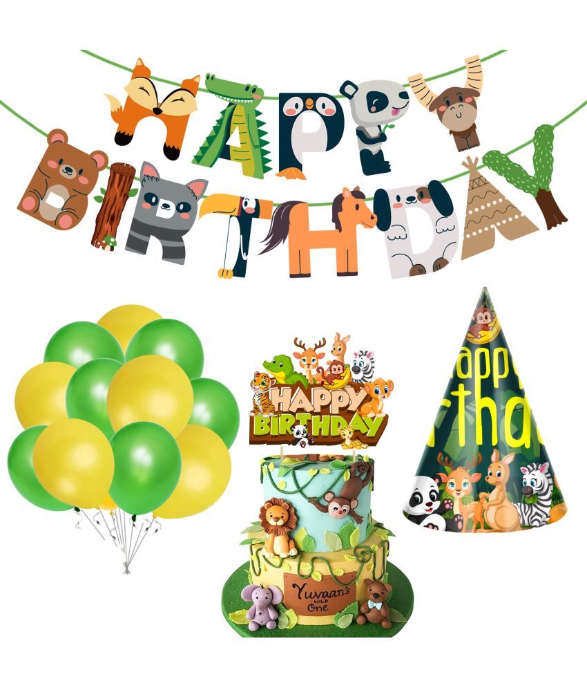     			Zyozi Jungle Safari Happy Birthday Decoration Kids,Animal Birthday Banner with Latex Balloons, Cake Topper and Birthday Cap for Boy Birthday 1st 2nd 3rd 16th 18th 21st (Pack of 28)