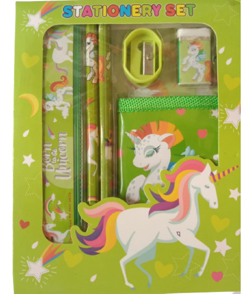     			2333 YESKART-6PC  GREEN UNICORN  STATIONERY SET( PACK OF 1) The set includes  two pencils, 1eraser, 1 sharpener , 1 WALLET. and a Scale  all printed with your favourite characters. Just unpackaged your stationery set, &  Start home work