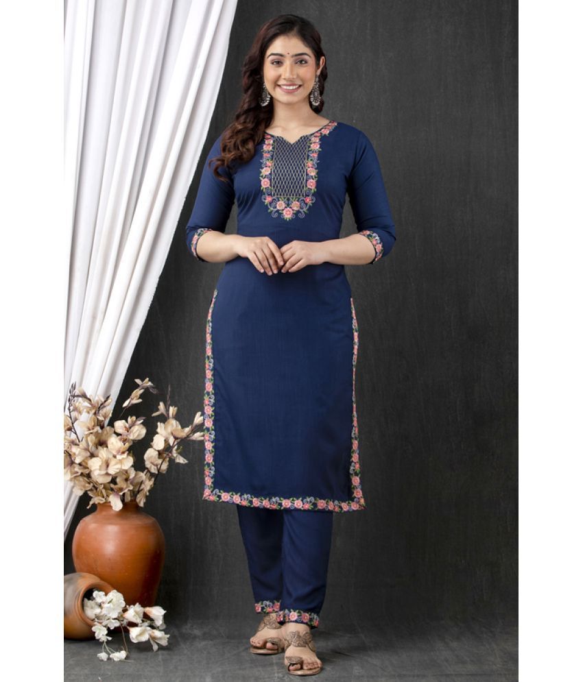     			KRISKA - Navy Blue Straight Rayon Women's Stitched Salwar Suit ( Pack of 1 )