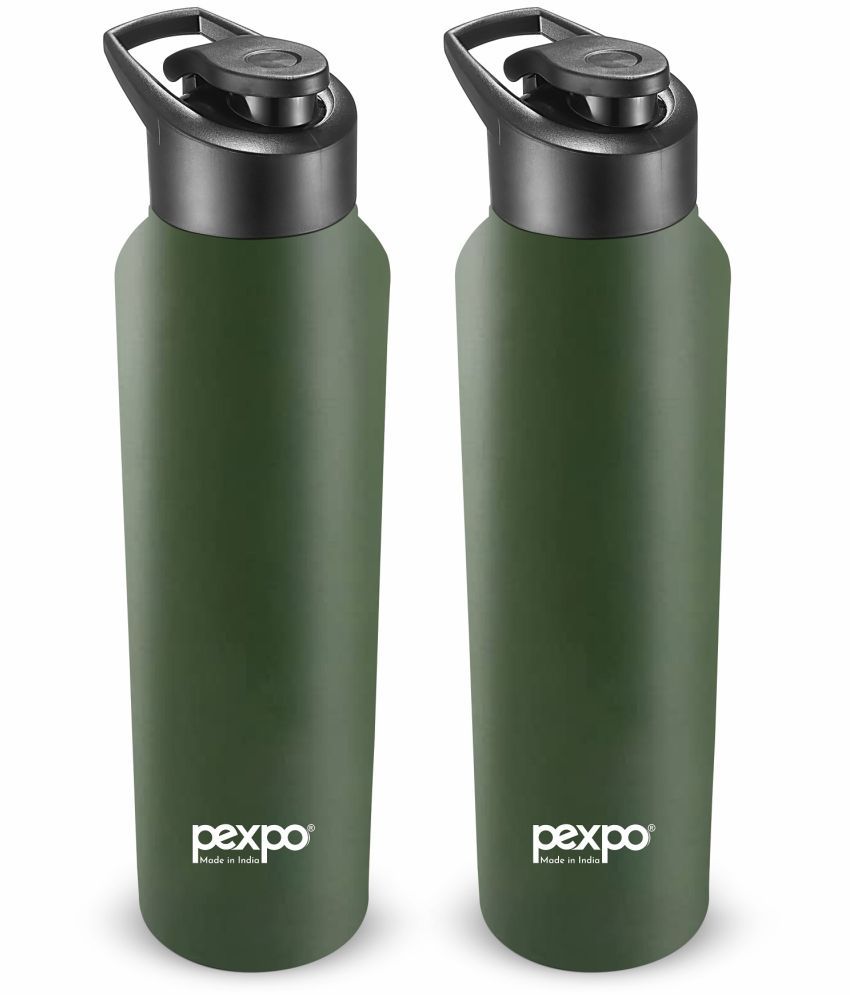     			PEXPO 1000 ml Stainless Steel Sports Water Bottle (Set of 2, Military Green, Chromo)