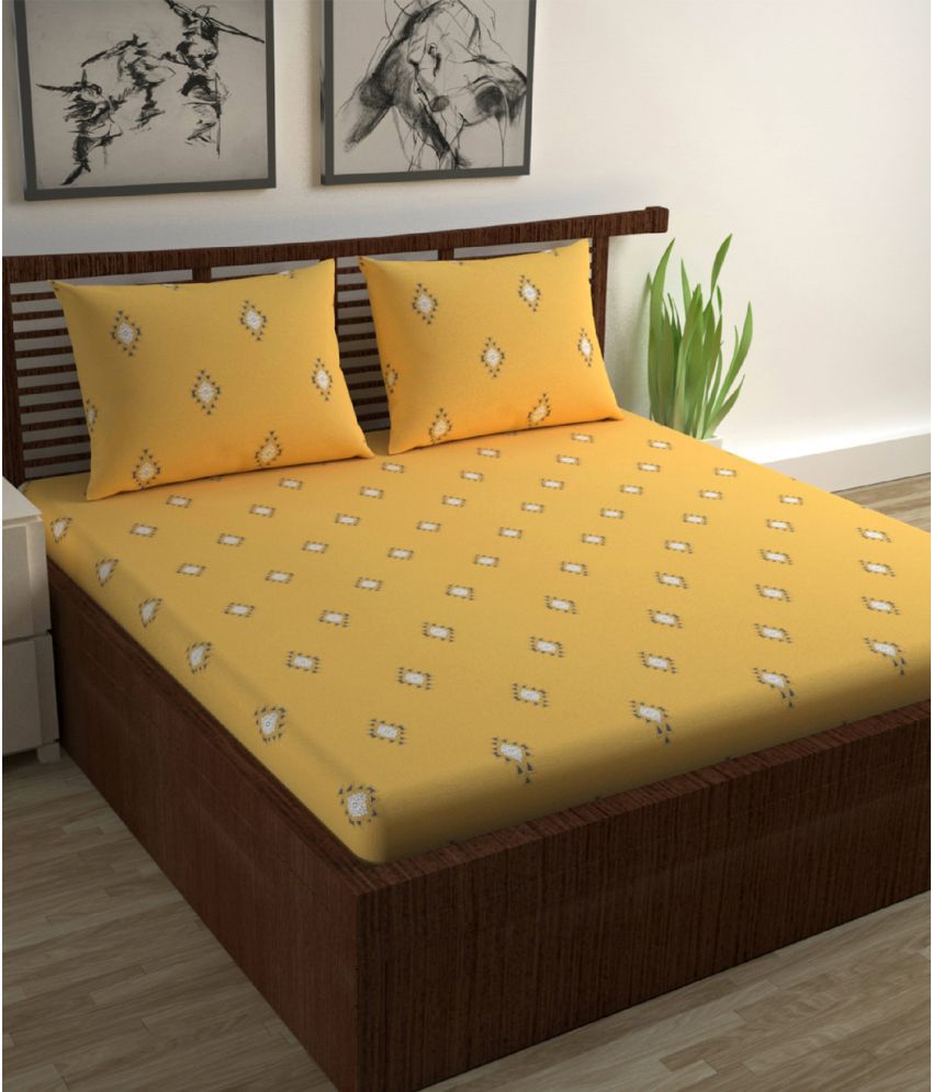     			DIVINE CASA Cotton Ethnic Printed Double Bedsheet with 2 Pillow Covers - Yellow