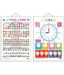 Set of 2 My World of Flags and TIME Early Learning Educational Charts for Kids | 20"X30" inch |Non-Tearable and Waterproof | Double Sided Laminated | Perfect for Homeschooling, Kindergarten and Nursery Students