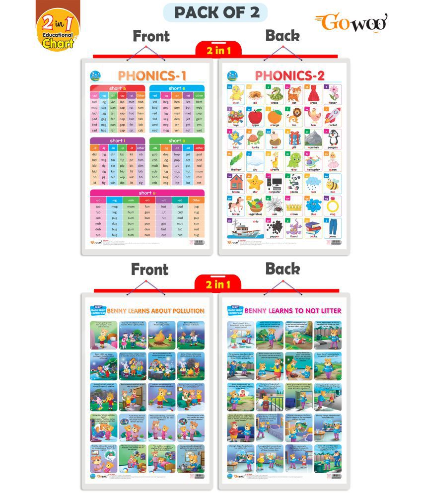     			Set of 2 |2 IN 1 PHONICS 1 AND PHONICS 2 and 2 IN 1 BENNY LEARNS ABOUT POLLUTION AND BENNY LEARNS NOT TO LITTER  Early Learning Educational Charts for Kids |