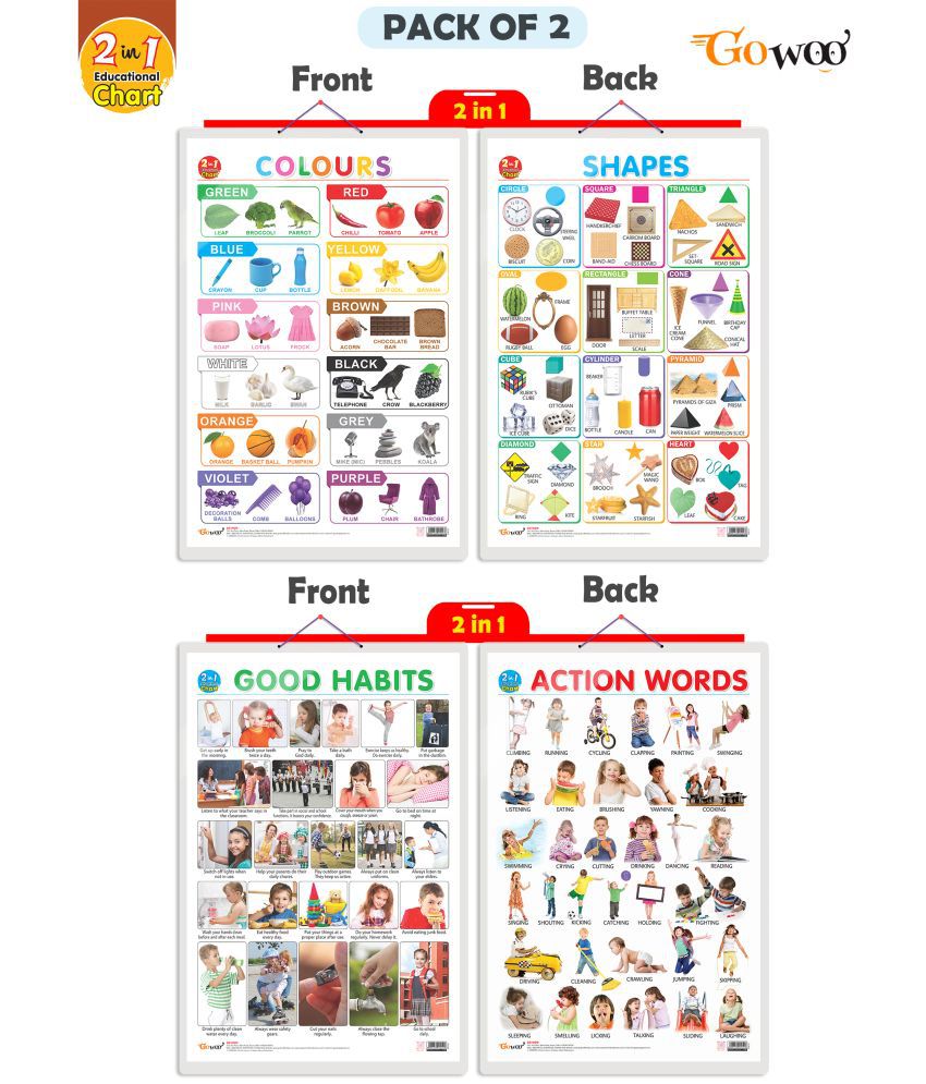     			Set of 2 | 2 IN 1 COLOURS AND SHAPES and 2 IN 1 GOOD HABITS AND ACTION WORDS Early Learning Educational Charts for Kids | 20"X30" inch |Non-Tearable and Waterproof | Double Sided Laminated | Perfect for Homeschooling, Kindergarten and Nursery Students
