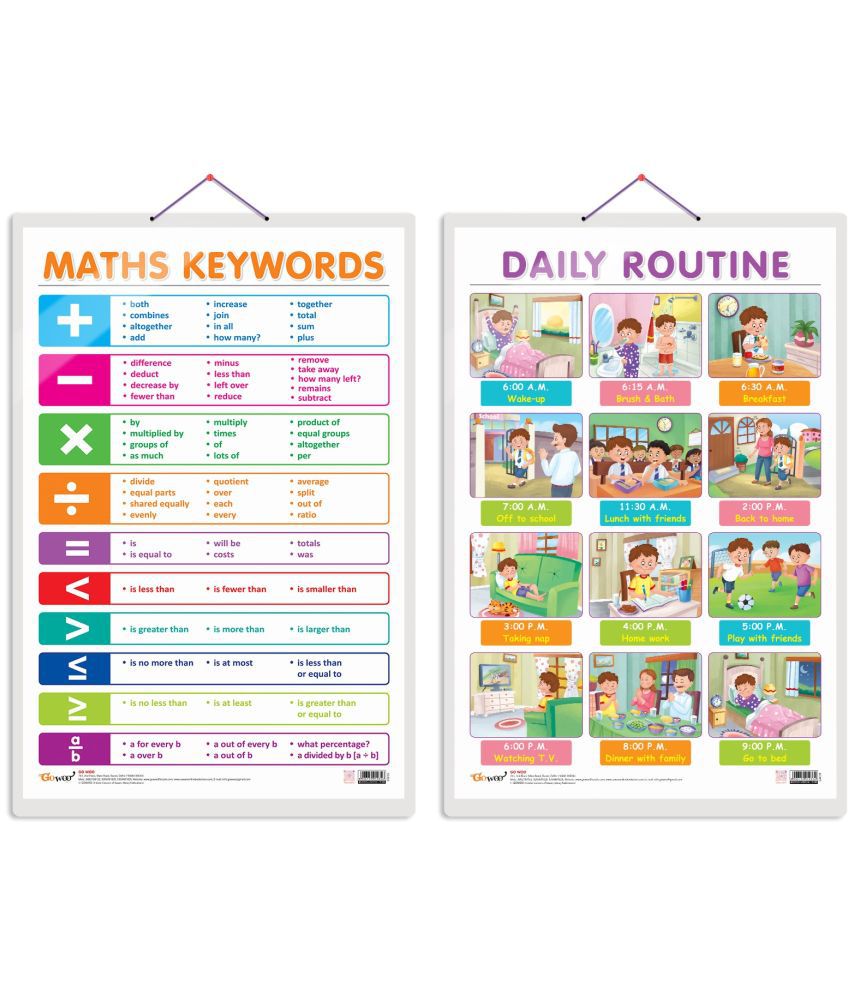     			Set of 2 MATHS KEYWORDS and DAILY ROUTINE Early Learning Educational Charts for Kids | 20"X30" inch |Non-Tearable and Waterproof | Double Sided Laminated | Perfect for Homeschooling, Kindergarten and Nursery Students
