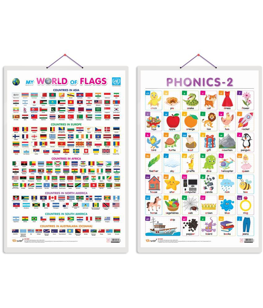     			Set of 2 My World of Flags and PHONICS - 2 Early Learning Educational Charts for Kids | 20"X30" inch |Non-Tearable and Waterproof | Double Sided Laminated | Perfect for Homeschooling, Kindergarten and Nursery Students