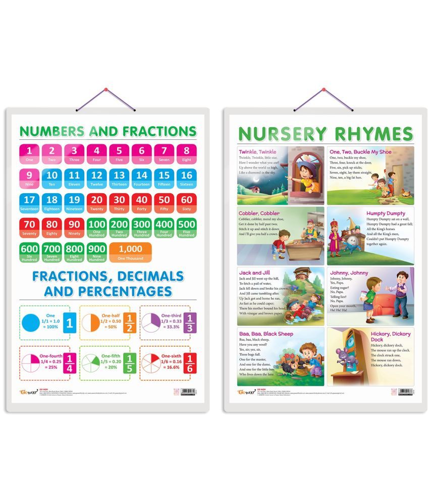     			Set of 2 NUMBERS AND FRACTIONS and NURSERY RHYMES Early Learning Educational Charts for Kids