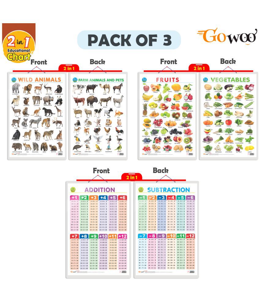     			Set of 3 |2 IN 1 FRUITS AND VEGETABLES, 2 IN 1 WILD AND FARM ANIMALS & PETS and 2 IN 1 ADDITION AND SUBTRACTION Early Learning Educational Charts for Kids