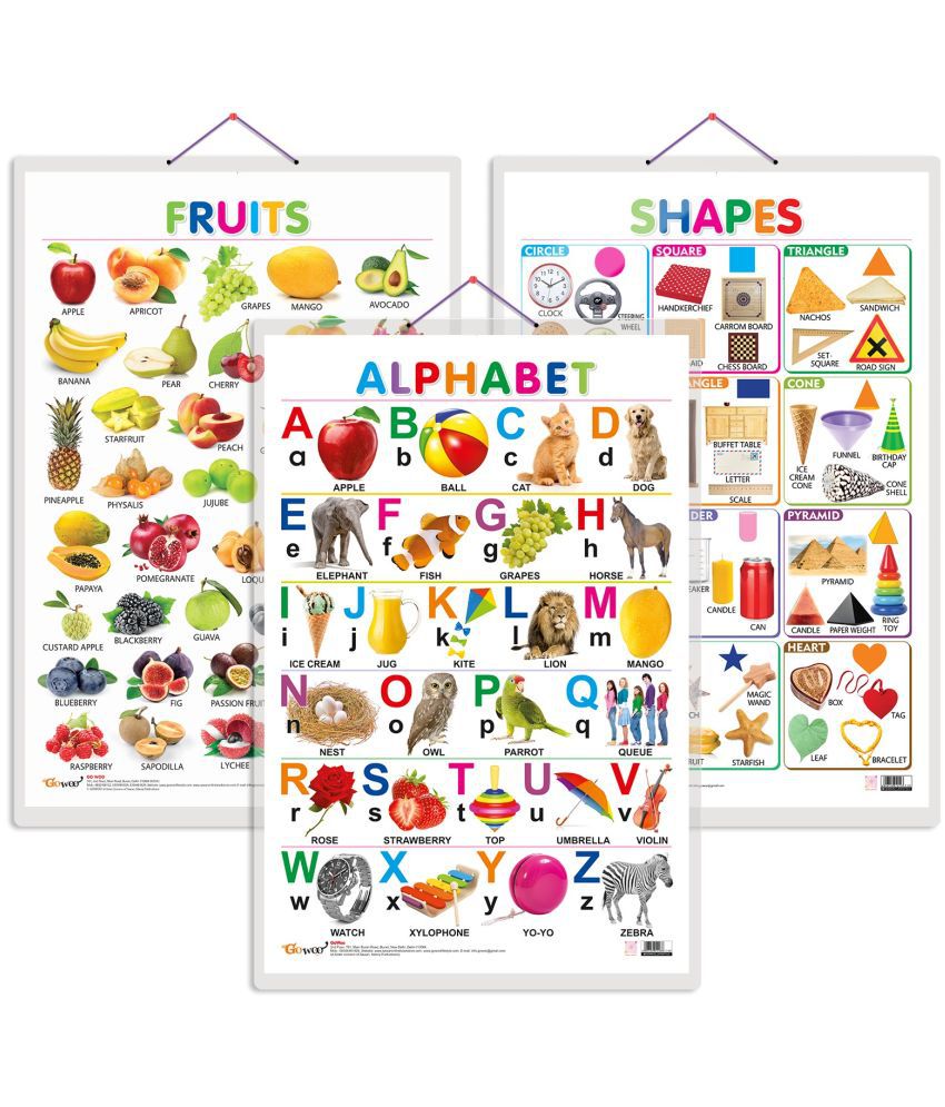     			Set of 3 Alphabet, Fruits and Shapes Early Learning Educational Charts for Kids | 20"X30" inch |Non-Tearable and Waterproof | Double Sided Laminated | Perfect for Homeschooling, Kindergarten and Nursery Students