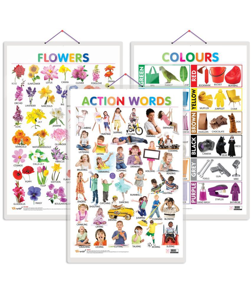     			Set of 3 Flowers, Colours and Action Words Early Learning Educational Charts for Kids | 20"X30" inch |Non-Tearable and Waterproof | Double Sided Laminated | Perfect for Homeschooling, Kindergarten and Nursery Students