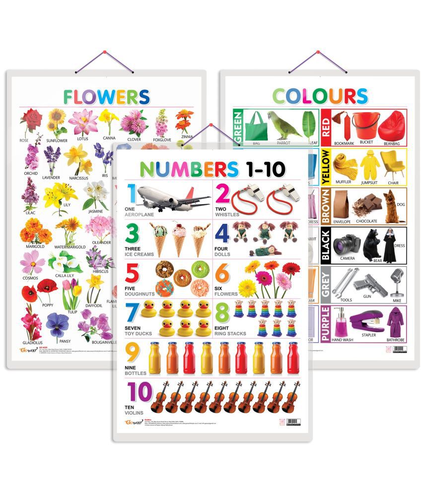     			Set of 3 Flowers, Colours and Numbers 1-10 Early Learning Educational Charts for Kids | 20"X30" inch |Non-Tearable and Waterproof | Double Sided Laminated | Perfect for Homeschooling, Kindergarten and Nursery Students