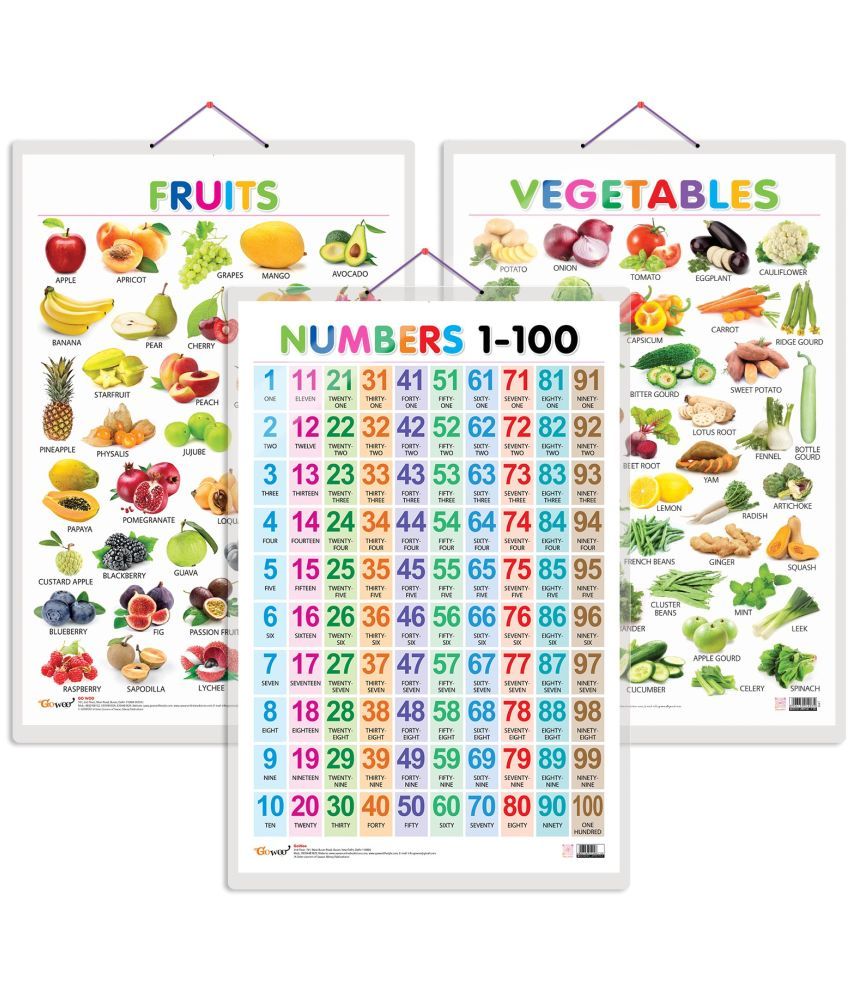     			Set of 3 Fruits, Vegetables and Numbers 1-100 Early Learning Educational Charts for Kids | 20"X30" inch |Non-Tearable and Waterproof | Double Sided Laminated | Perfect for Homeschooling, Kindergarten and Nursery Students