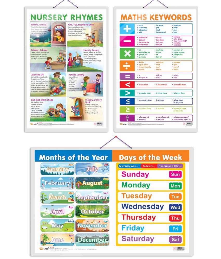     			Set of 3 MATHS KEYWORDS, MONTHS OF THE YEAR AND DAYS OF THE WEEK and NURSERY RHYMES Early Learning Educational Charts for Kids