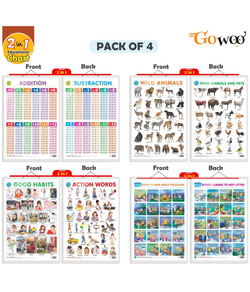     			Set of 4 |  2 IN 1 WILD AND FARM ANIMALS & PETS, 2 IN 1 GOOD HABITS AND ACTION WORDS, 2 IN 1 ADDITION AND SUBTRACTION and 2 IN 1 BENNY LEARNS ABOUT POLLUTION AND BENNY LEARNS NOT TO LITTER