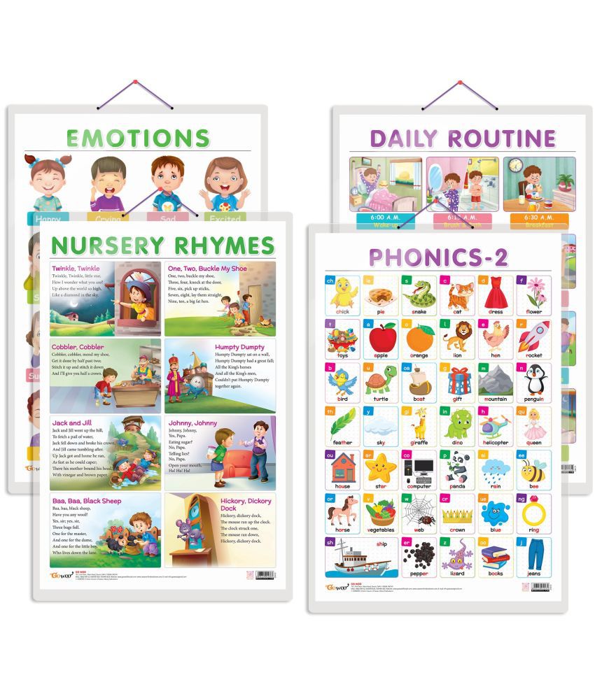     			Set of 4 EMOTIONS, DAILY ROUTINE, NURSERY RHYMES and PHONICS - 2 Early Learning Educational Charts for Kids | 20"X30" inch |Non-Tearable and Waterproof | Double Sided Laminated | Perfect for Homeschooling, Kindergarten and Nursery Students