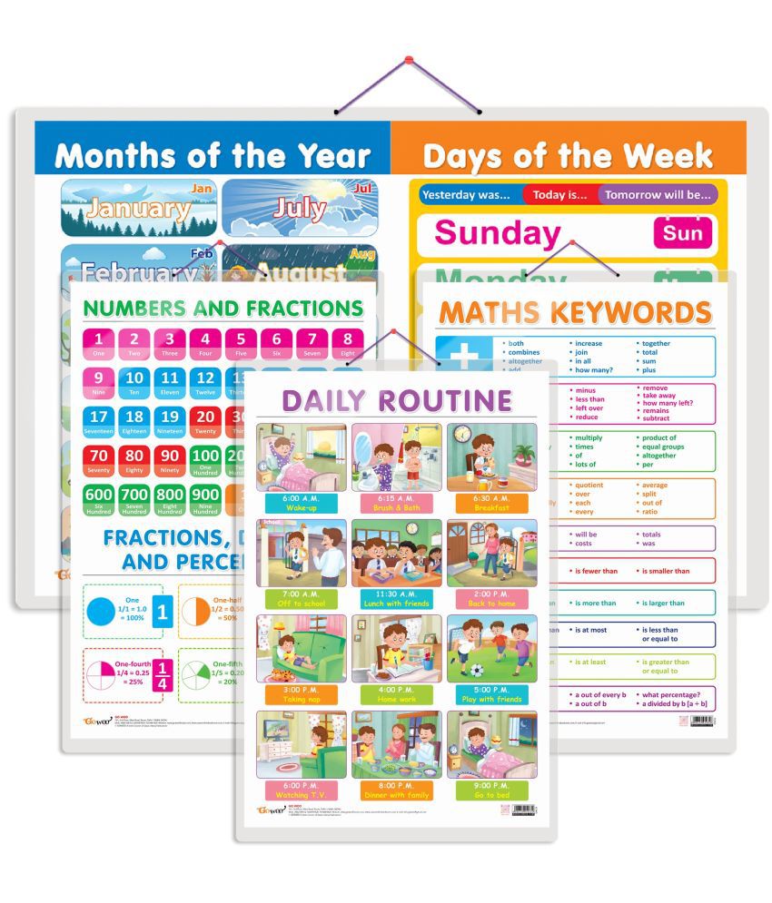     			Set of 4 NUMBERS AND FRACTIONS, MATHS KEYWORDS, MONTHS OF THE YEAR AND DAYS OF THE WEEK and DAILY ROUTINE Early Learning Educational Charts for Kids