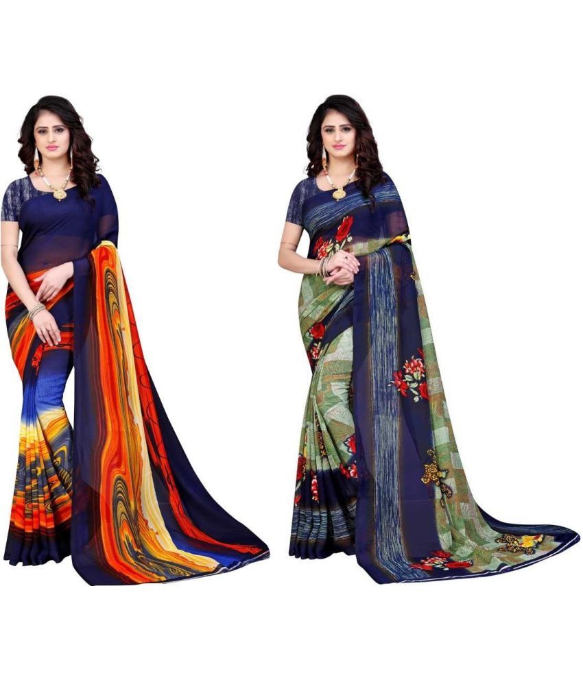     			LEELAVATI - Blue Georgette Saree With Blouse Piece ( Pack of 2 )