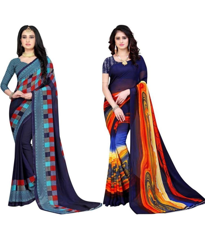     			LEELAVATI - Blue Georgette Saree With Blouse Piece ( Pack of 2 )