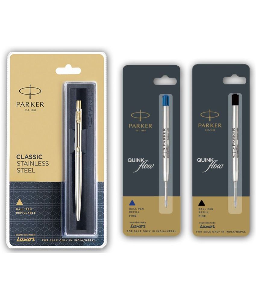    			Parker Classic Stainless Steel Ball Pen With Flow Blue And Black Refill Ball Pen (Pack Of 3, Blue, Black)