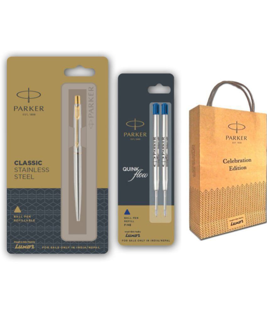     			Parker Classic Stainless Steel Ball Pen With Two Flow Refill Ball Pen (Pack Of 3, Blue)