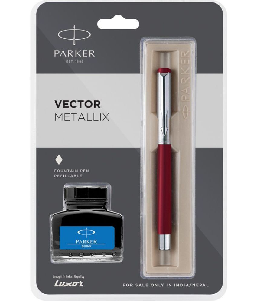     			Parker Vector Metallix Red Body Color (Fine Nib )With Quink Ink Bottle Fountain Pen