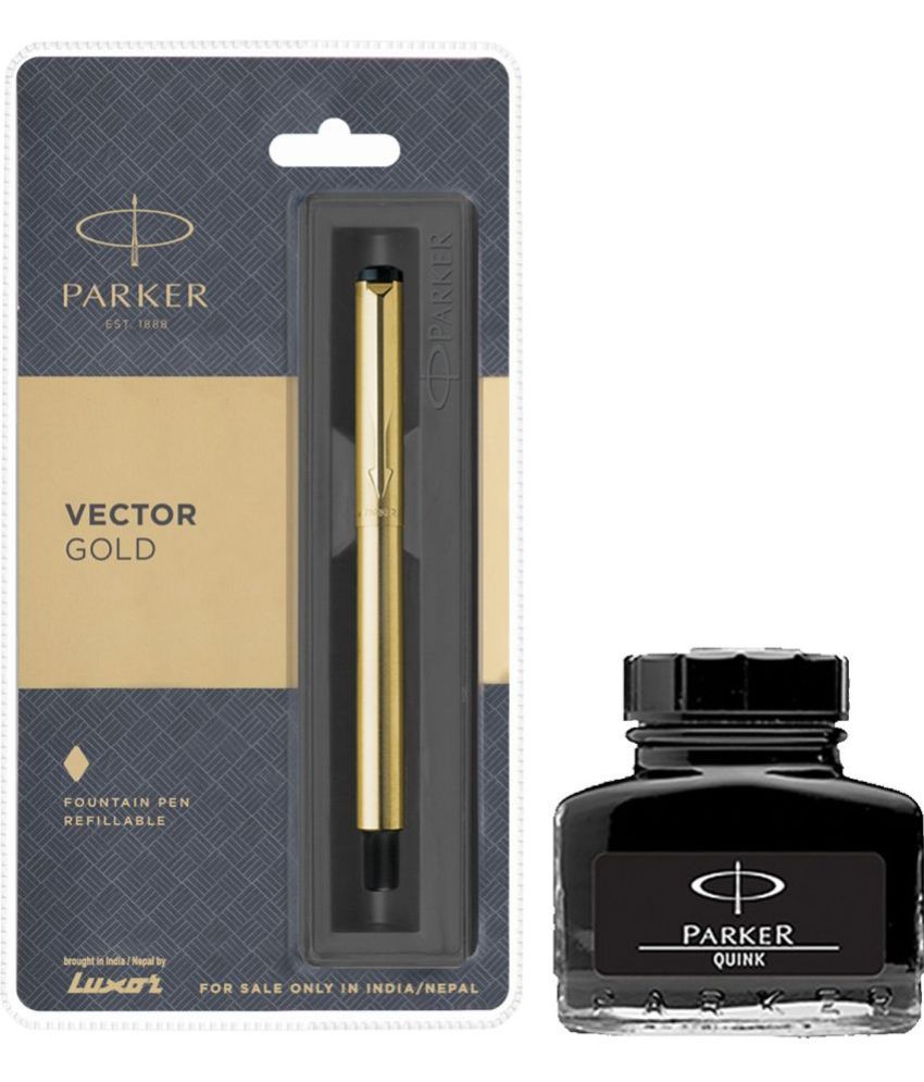     			Parker Vector Gold Gt Fountain Pen With Black Quink Ink Bottle (Pack Of 2, Black)