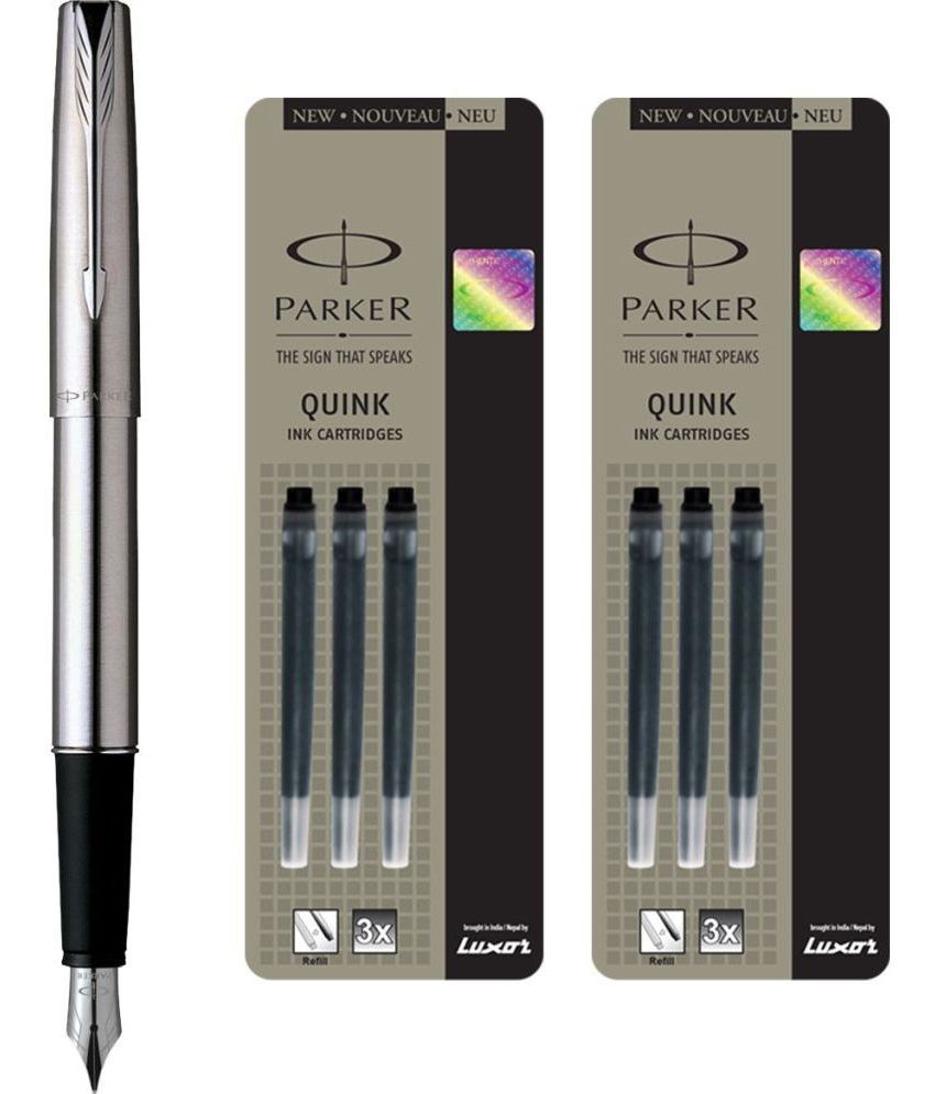     			Parker Frontier Stainless Steel Ct Fountain Pen With 6 Black Quink Ink Cartridge (Pack Of 3, Black)