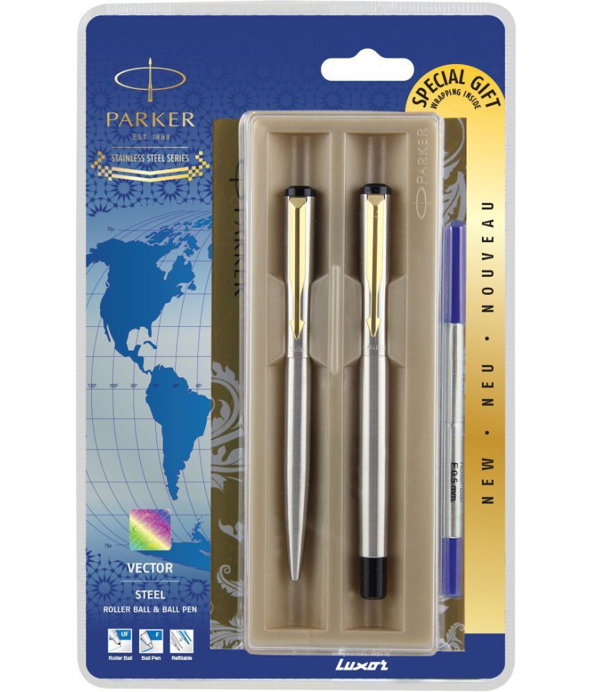     			Parker Vector Stainless Steel Gt Fountain Pen With Ball Pen With 6 Blue Quink Ink Cartridge (Pack Of 3, Blue)