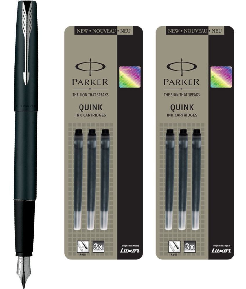     			Parker Frontier Matte Black Ct Fountain Pen With 6 Black Quink Ink Cartridge (Pack Of 3, Black)