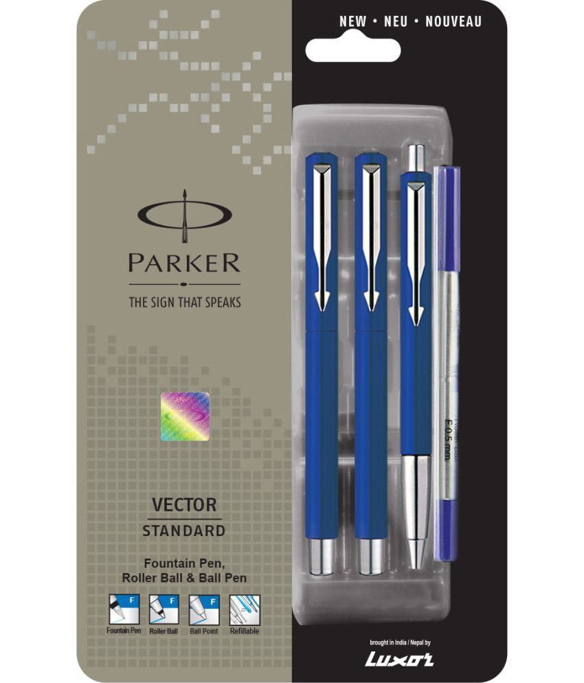     			Parker Vector Standard Triple Blue Body (Fountain Pen+Roller Ball Pen+Ball Pen) Pen Gift Set (Pack Of 3, Blue)