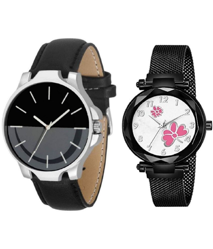     			newmen - Black Leather Analog Couple's Watch